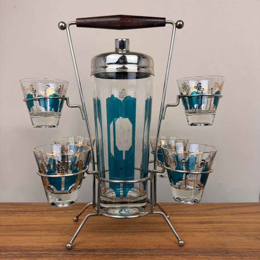 Vintage Mid Century Modern Glass Cocktail Shaker Set of 9 Teal Gold Metal Rack
